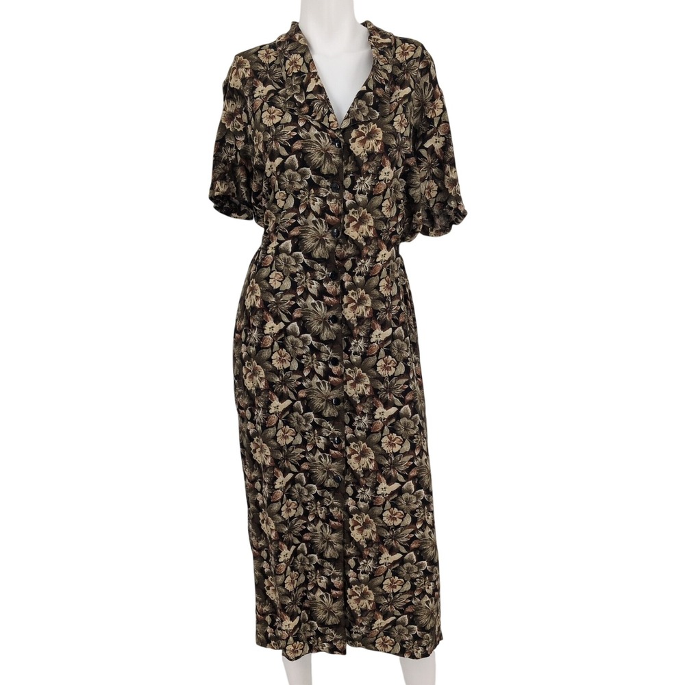 Vtg Floral Midi Shirt Dress Button Front 90s Grunge Cottage Prairie Indie Large
